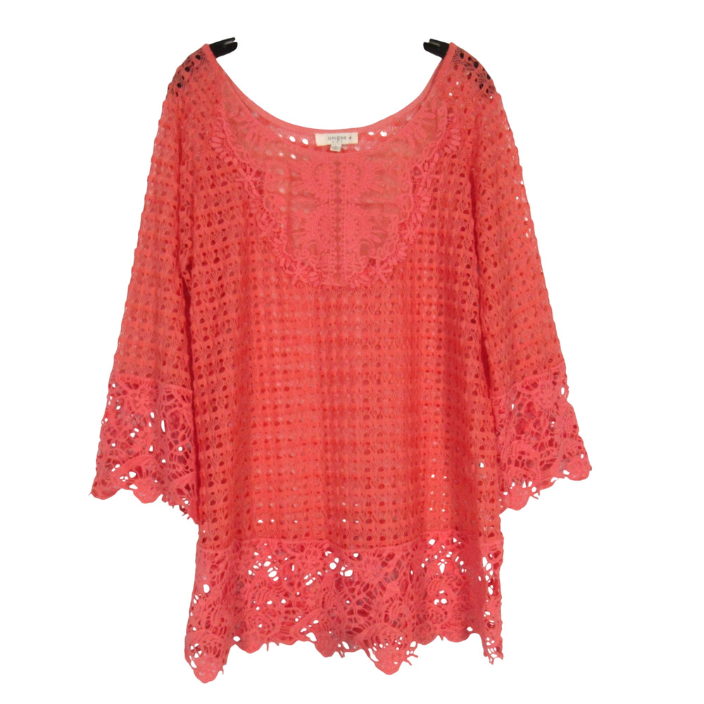 UMGEE Coral SHEER CROCHET Lace Front 3/4 SLEEVES Swim Cover-Up BLOUSE/TUNIC XL