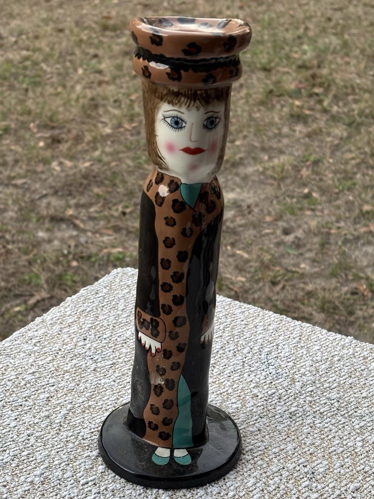 Susan Paley Ganz Leopard Coat Lady Ceramic Candle Holder Vintage Bella Casa
