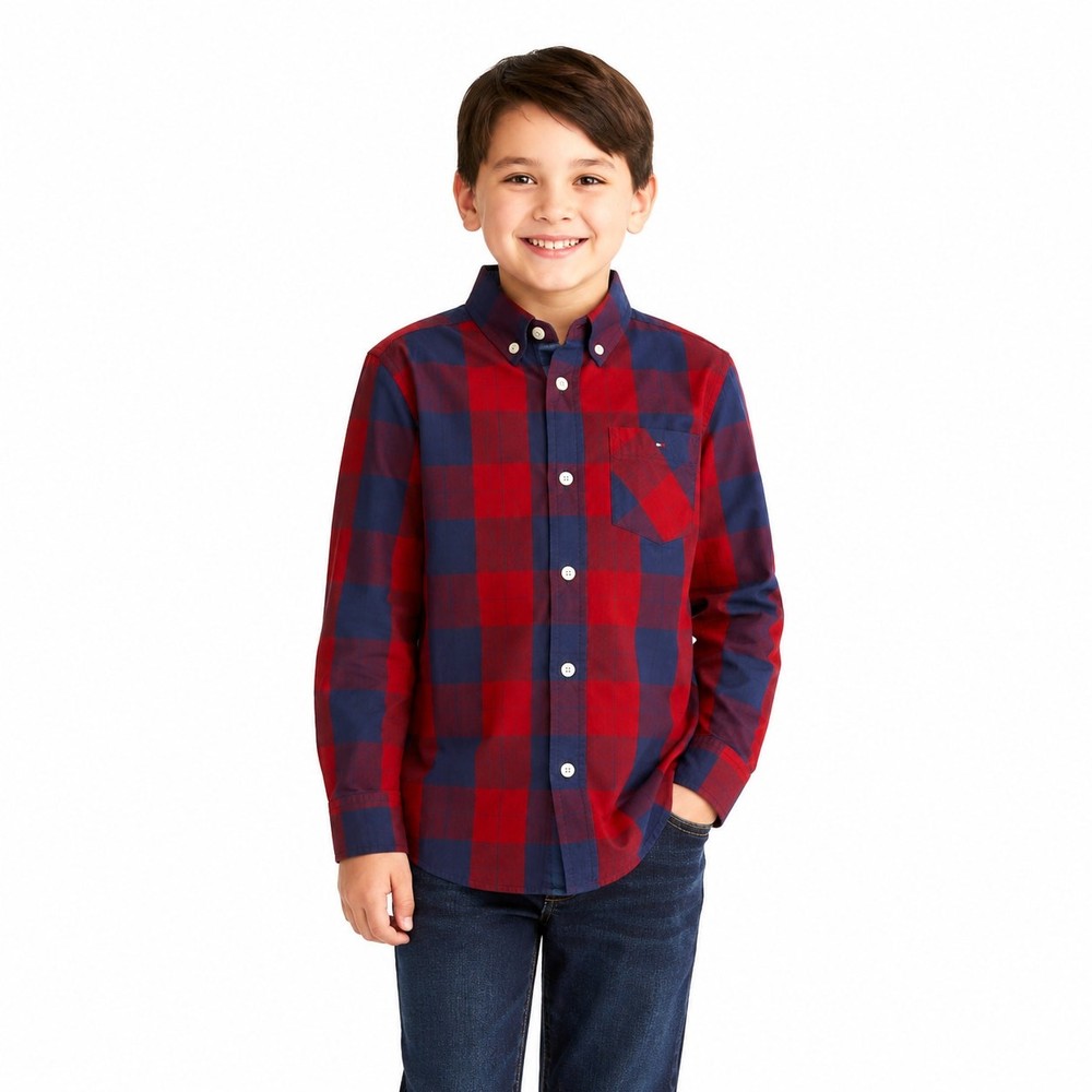 Tommy Hilfiger Boys Plaid Button-Down Shirt Size 8/10 Red Blue Long Sleeve
