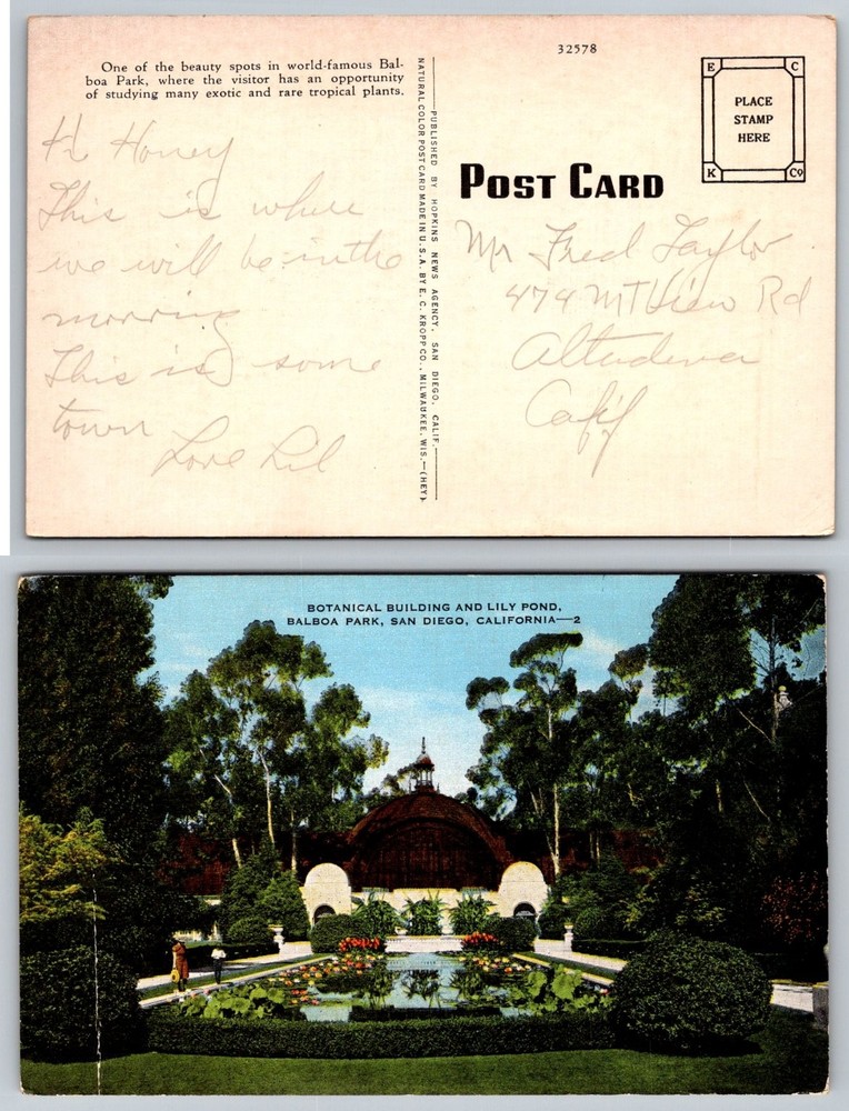 Balboa Park San Diego Botanical Building Lily Pond Postcard CA