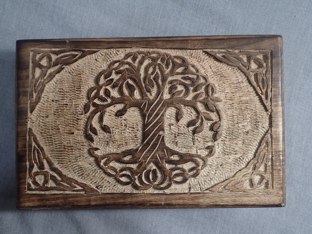 Hand Carved Tree of Life Wooden Tarot Jewelry Storage Box Keepsake