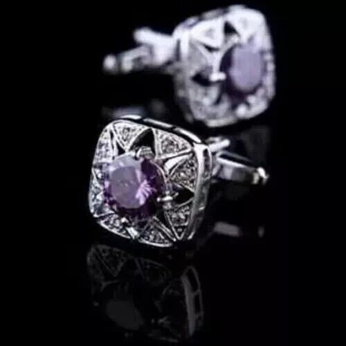 2Ct Round Cut Lab Created Amethyst Men's Wedding Cufflink 14k White Gold Plated