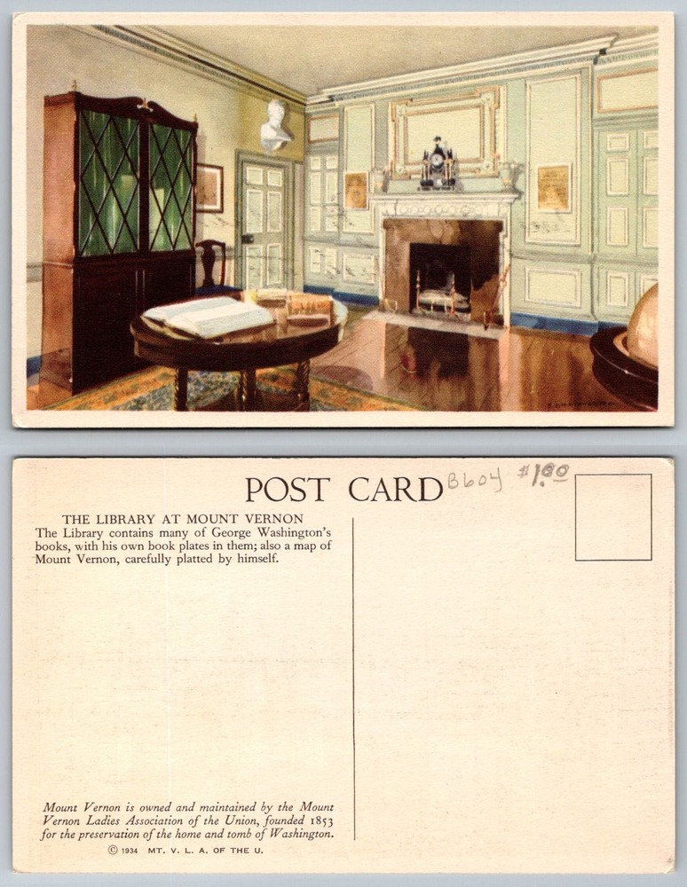 1934 Mount Vernon Library Postcard George Washington Books Historic Home