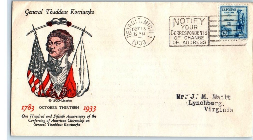 1933 KOSCIUSZKO Sc 734-2 FDC with Linprint cachet Detroit MI cancel