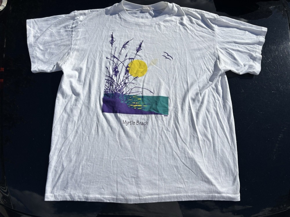 Vintage Myrtle Beach Shirt Mens XL White Beach Dunes Sunrise Beach Surf 80s USA
