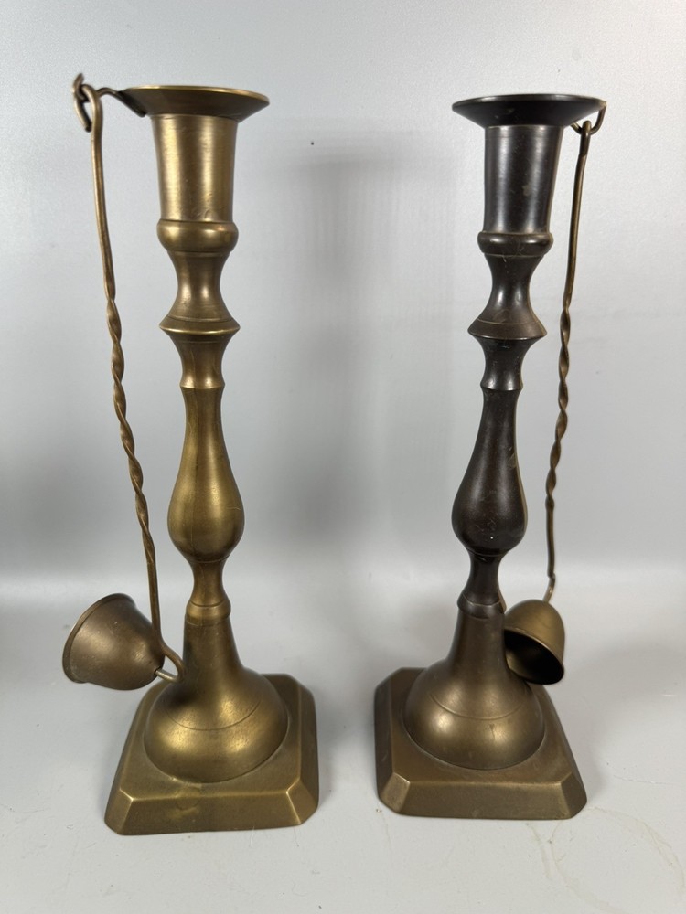 Vintage Brass Candlestick Pair w Snuffer India 9” Chamberstick Set