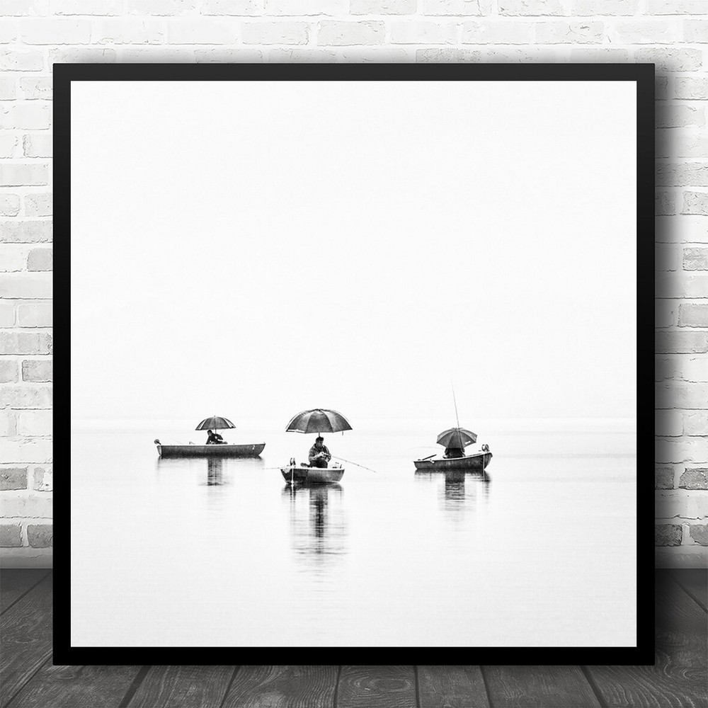 Scenic Lake Fisher Landscape with Umbrella Reflection and Square Print Boats