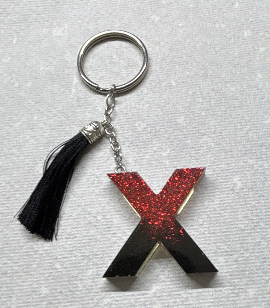 Letter X Metal Keychain Charm w/ Detachable Keyring, Black Tassel, Red Glitter