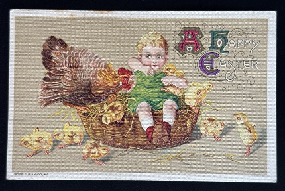 Winsch Freixas Easter Postcard Child in Basket with Hen and Chicks