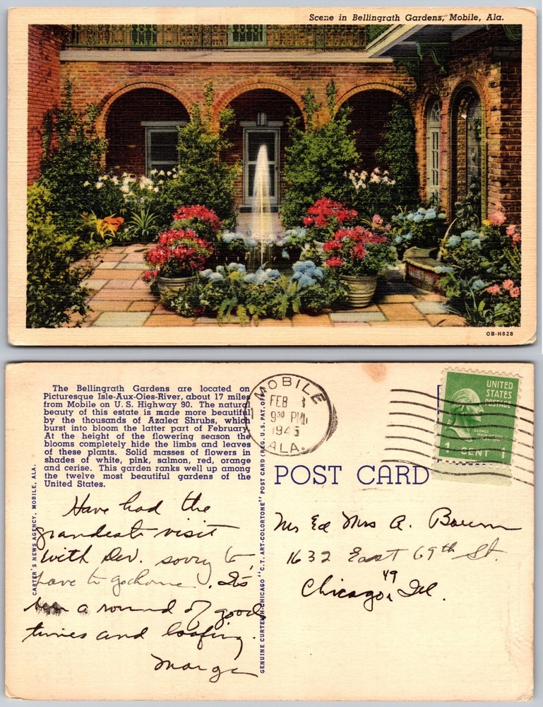Bellingrath Gardens Mobile Alabama Fountain Flowers Postcard