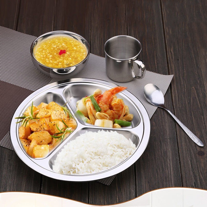 Stainless Steel 3 Sections Round Divided Dish Dia 22/24 /26cm Snack Dinner Plate