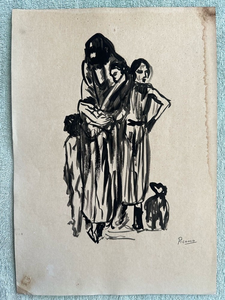 PICASSO drawing and painting on old paper signed stamped vintage