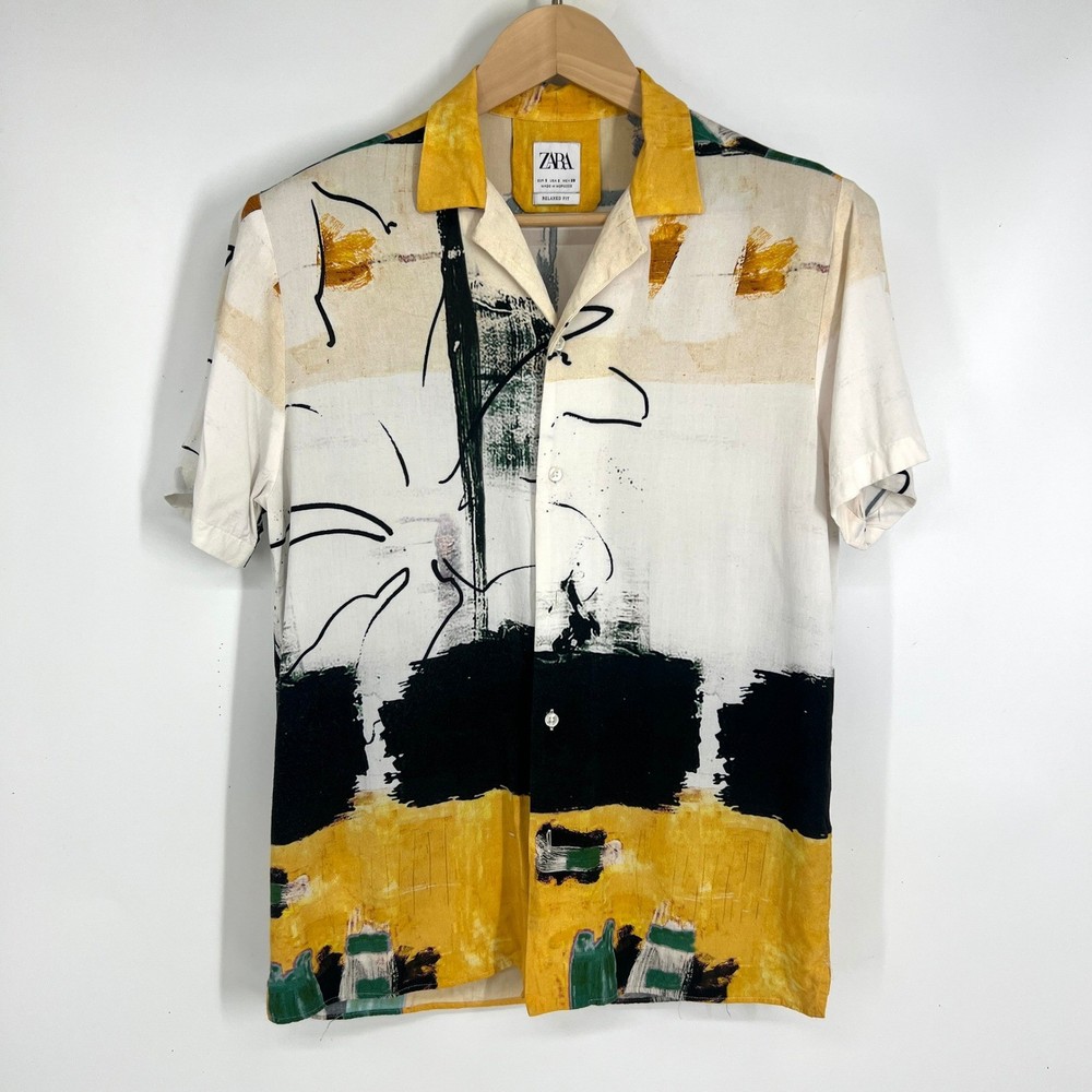 Zara Mens Relaxed Fit Abstract Graphic Camp Collar Short Sleeve Shirt Yellow S-image