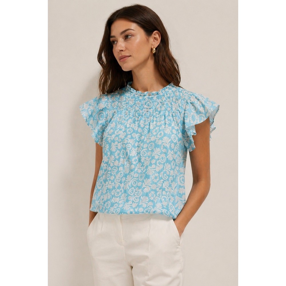 Ann Taylor Smocked Neck Flutter Sleeve Floral Blouse Turquoise White Small NEW