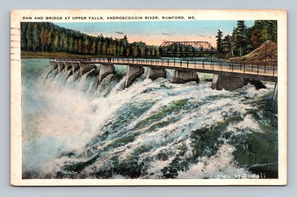 Vintage Postcard Dam & Bridge at Upper Falls Androscoggin River Rumford ME