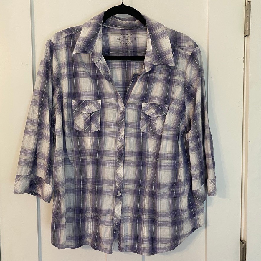 Sonoma Purple & White Plaid Button Down XL 3/4 Sleeve Boho Casual Top Western