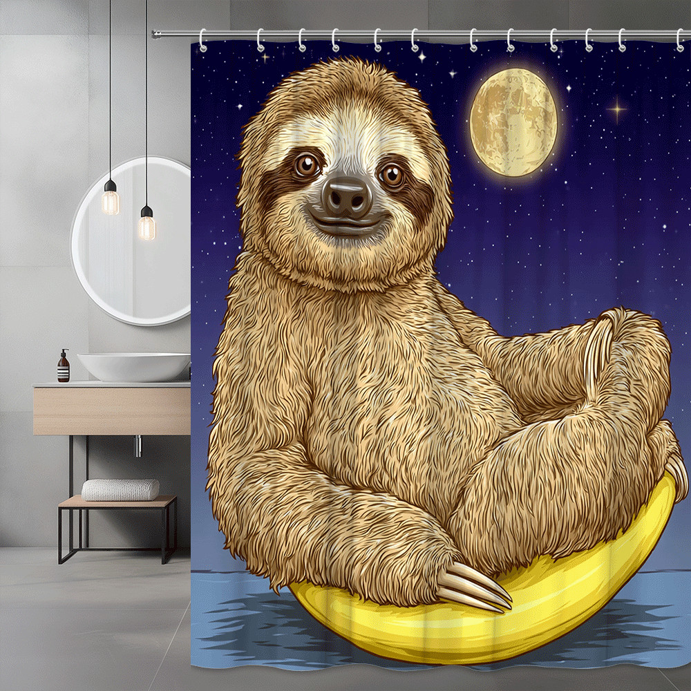 Sloth Moon Shower Curtain, Cute Animal Graphic Print