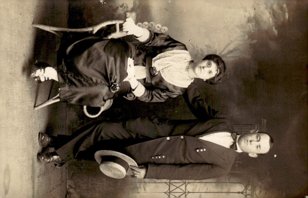 C1910 Edwardian Couple Portrait Studio Man Boater Hat Woman Real Photo Postcard
