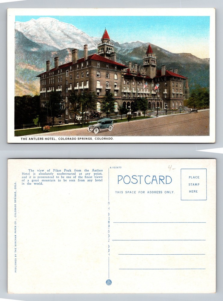 Colorado Springs CO-Colorado Antlers Hotel with Pikes Peak View Vintage Postcard