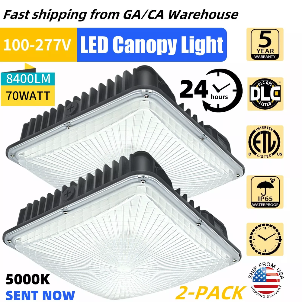 2Pack 70W LED Canopy Light Gas Station 8400 Lumen IP65 Waterproof 5500K Light
