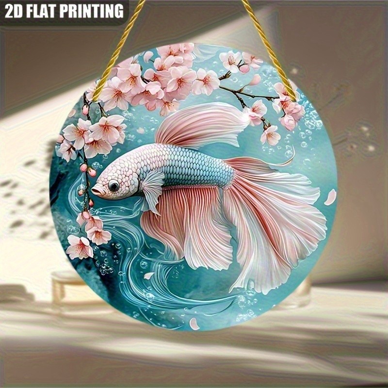 Vintage Koi Fish Cherry Blossoms Round Aluminum Wall Decor