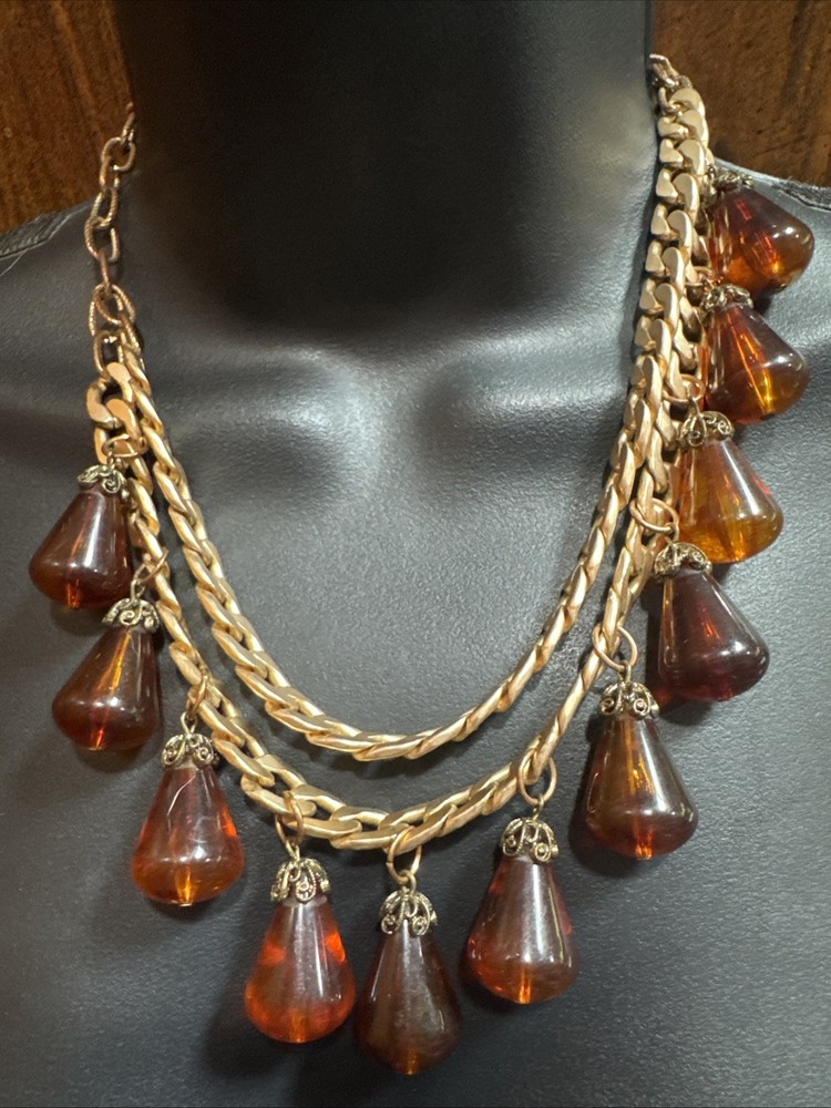 Vintage Root Beer Amber Citrine Pendant Necklace Gold Beaded Boho Statement