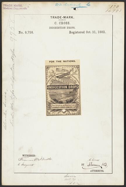C Cross Indigestion Drops Trademark Registration 1882 Medical Compound