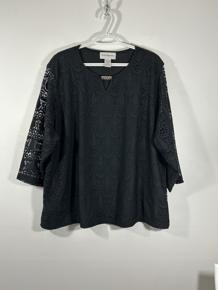 Women's Cathy Daniel Black  Lace Top Dress Blouse Size 2X Long Sleeves Dec Pin