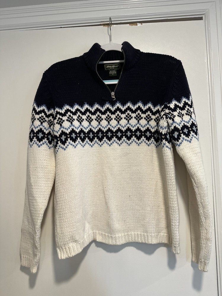Eddie Bauer Sweater Mens Sz:M Navy/cream Fair Isle 1/4 Zip Pullover Cotton Blend