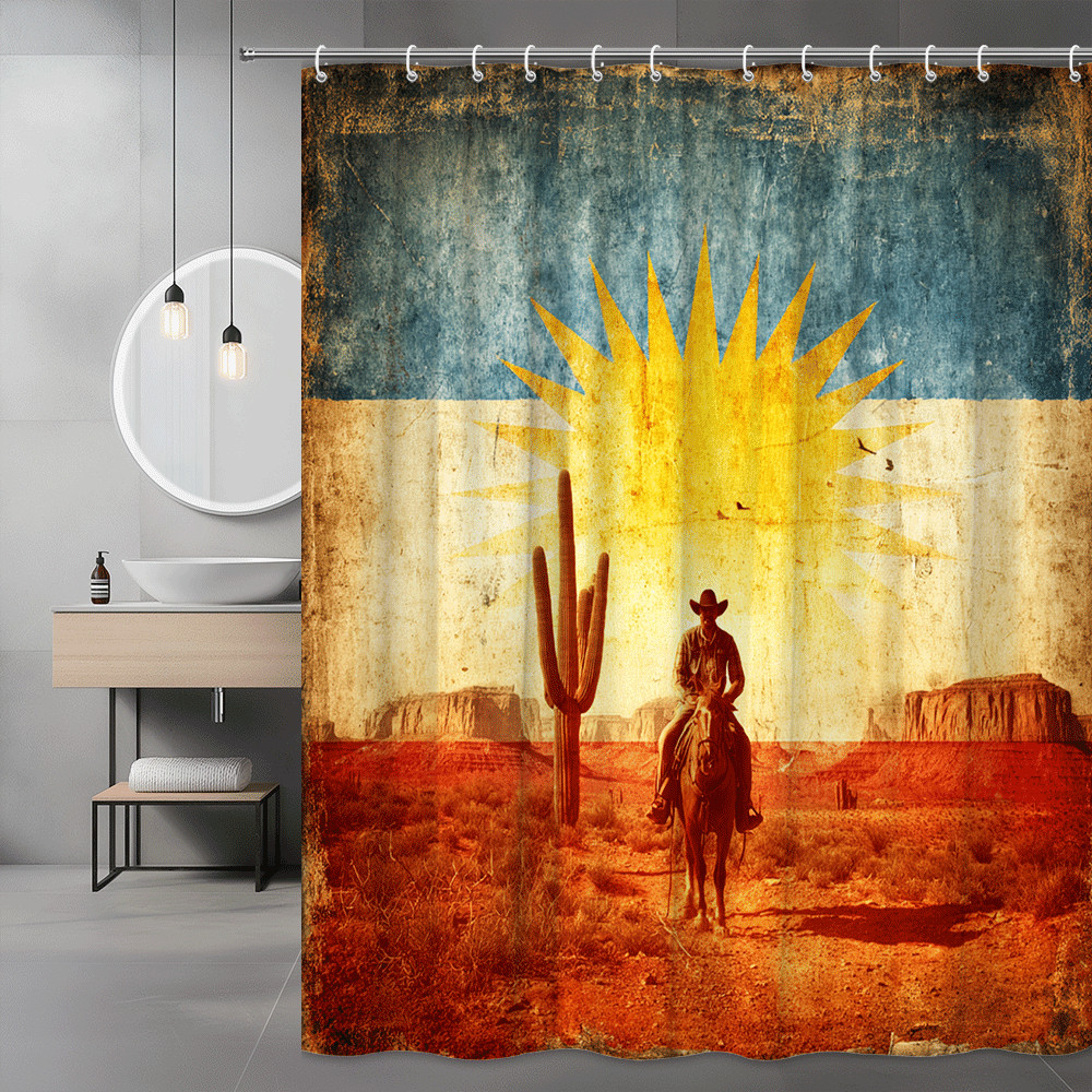 Western Cowboy Desert Shower Curtain Cactus Sunburst Print
