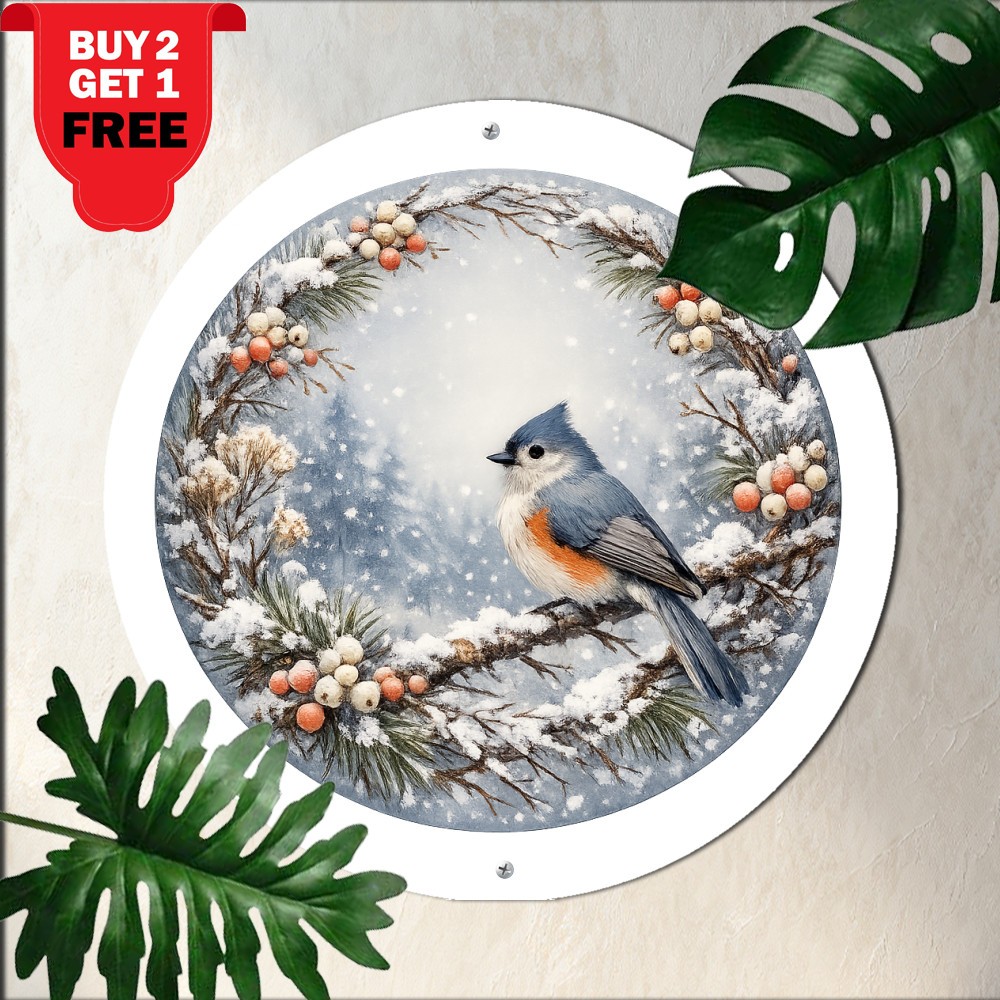 Cardinal Bird Wreath Gray Red Holiday Theme Round Aluminum Sign Art 8x8 Decor