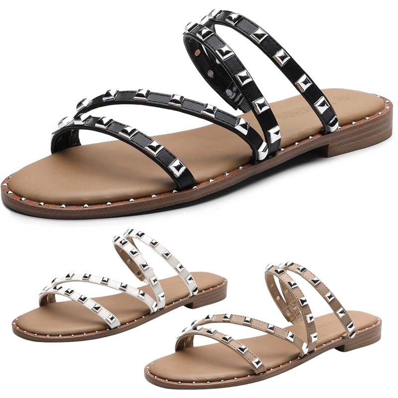 Women Rhinestone Party Dress Shoes Slip On Open Toe Slide Flat Sandals