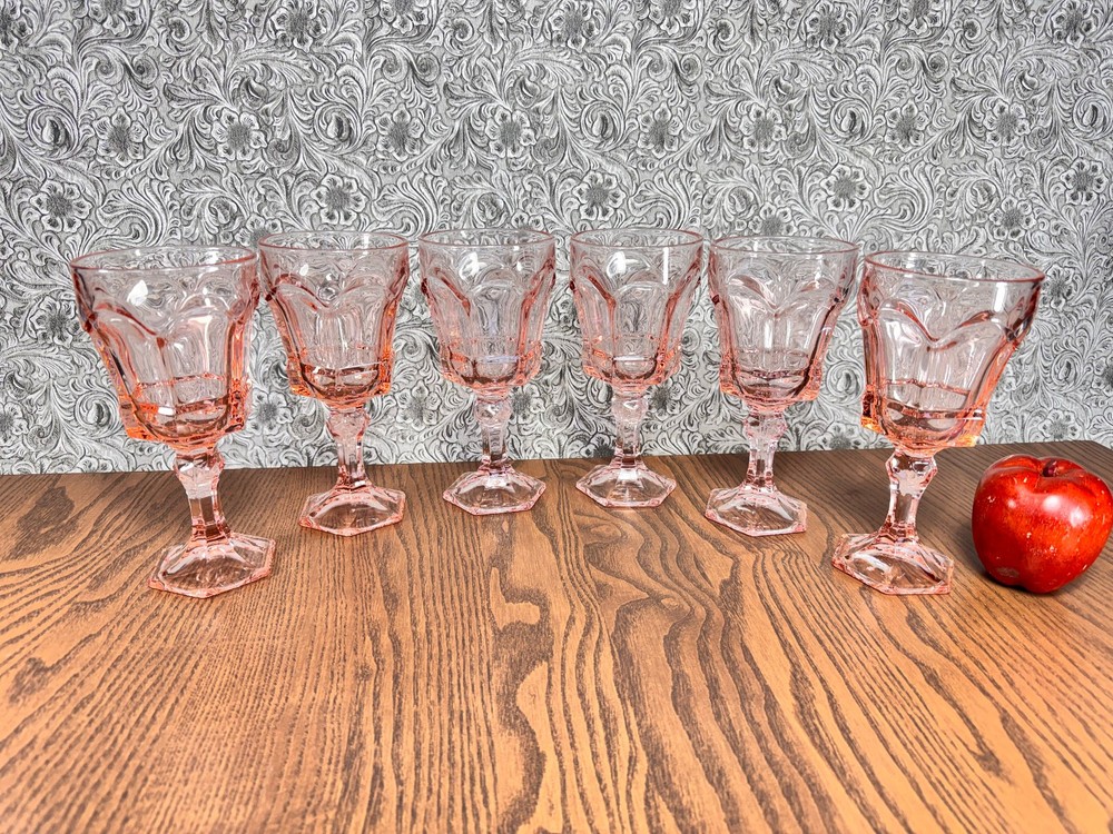 MCM Fostoria Glass Virginia Pink Glasses 6 Water Goblet Mid Century Vintage L2