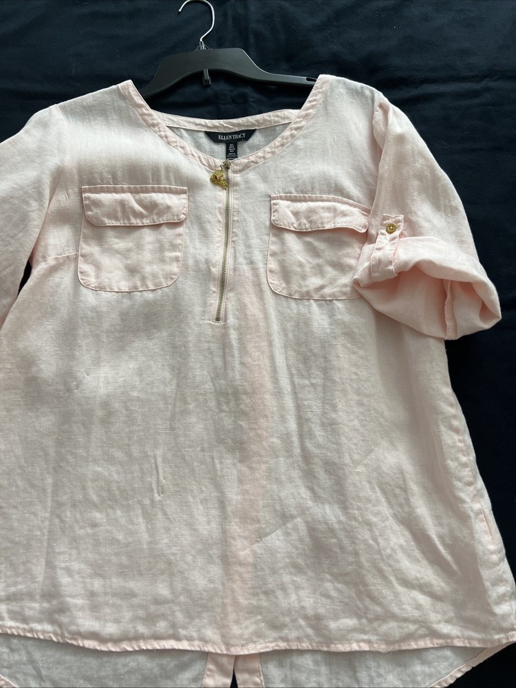 ellen tracy linen top L Pink Gold Zip Front Size Large
