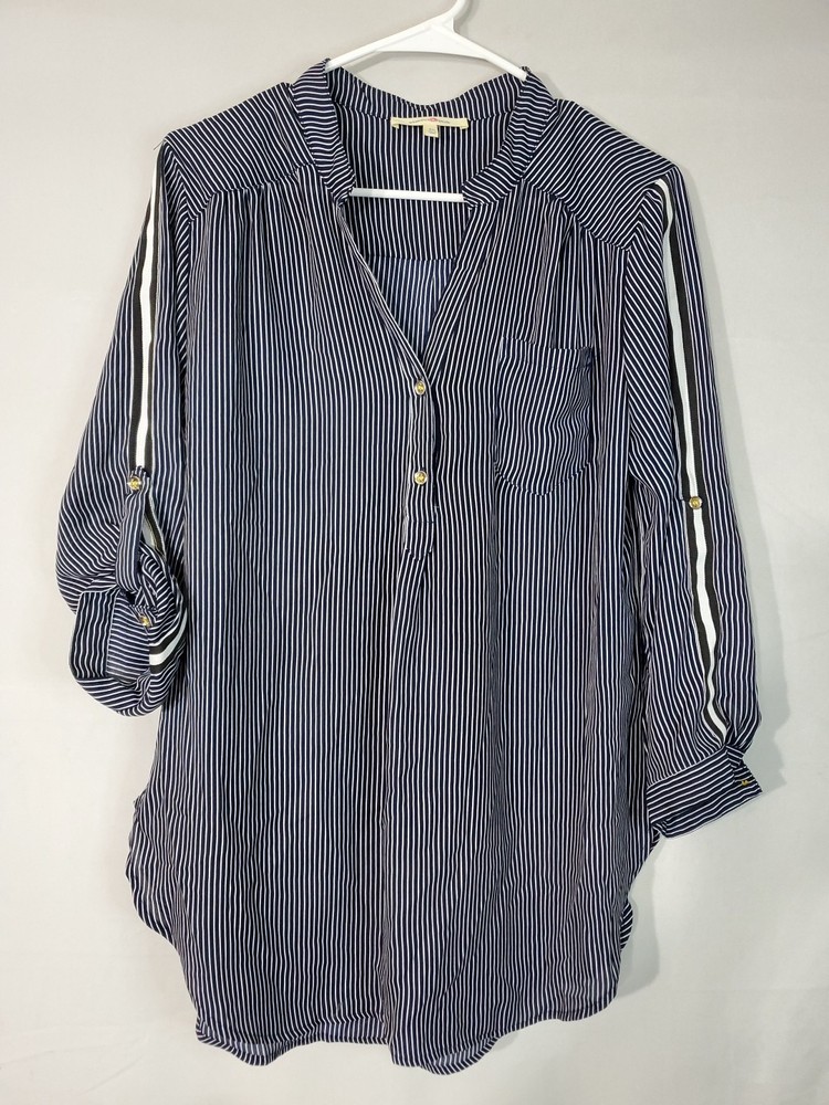 Wishful Park Blouse Women's Size XL 3/4 Roll Tab Sleeve Pocket Stripe V-Neck