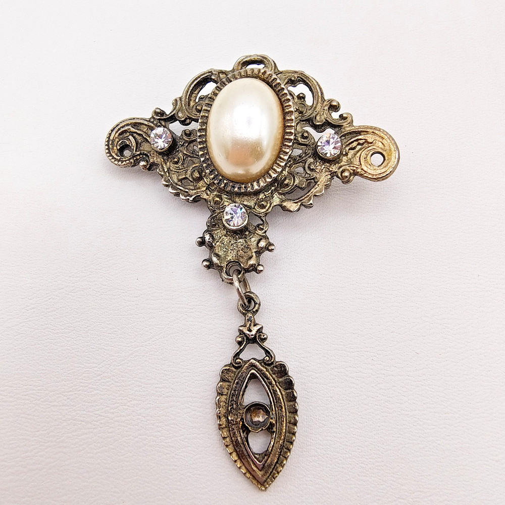 Vintage Germany Victorian Revival Style Brooch Silver Tone Faux Pearl READ