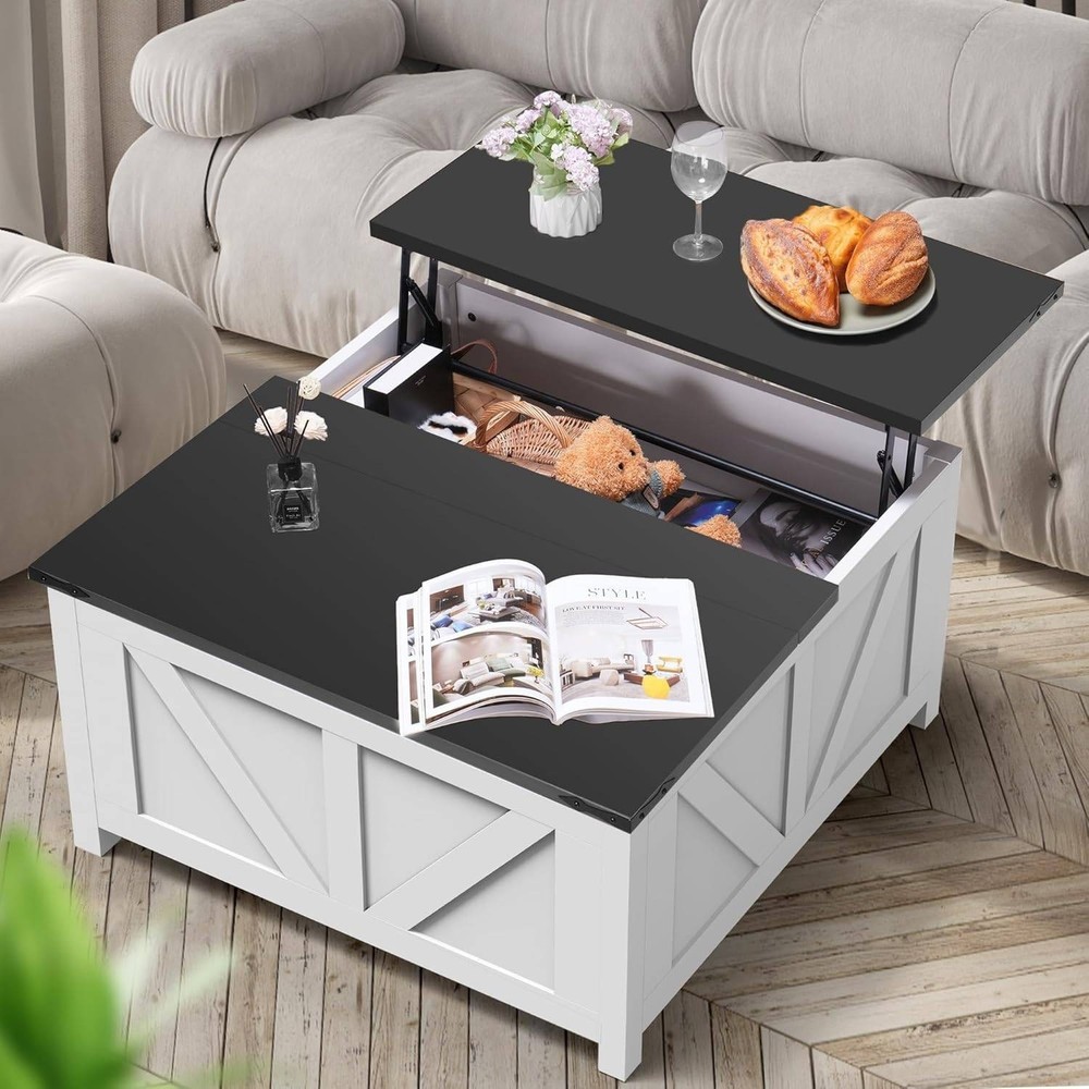 Rengue Farmhouse Lift Top Coffee Table with Storage White/Black, Built-in Charg