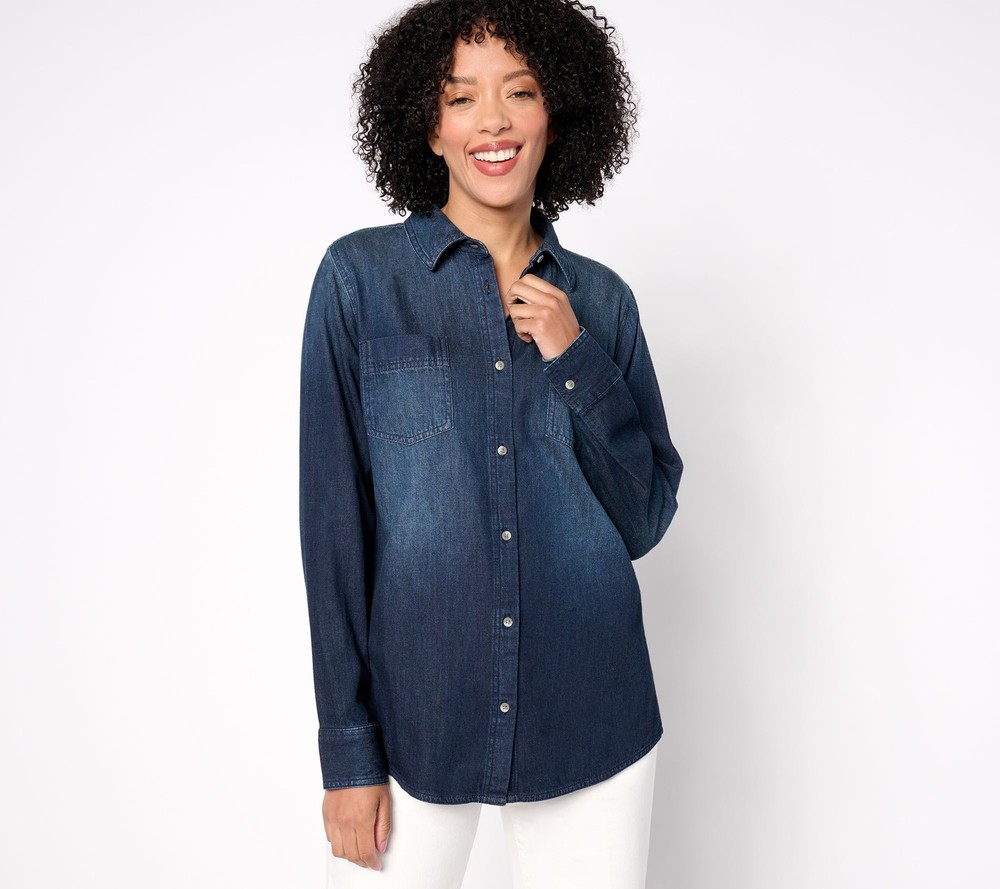 Denim & Co. Women's Top Sz XL Long Sleeve Button Front Shirt Blue A658344