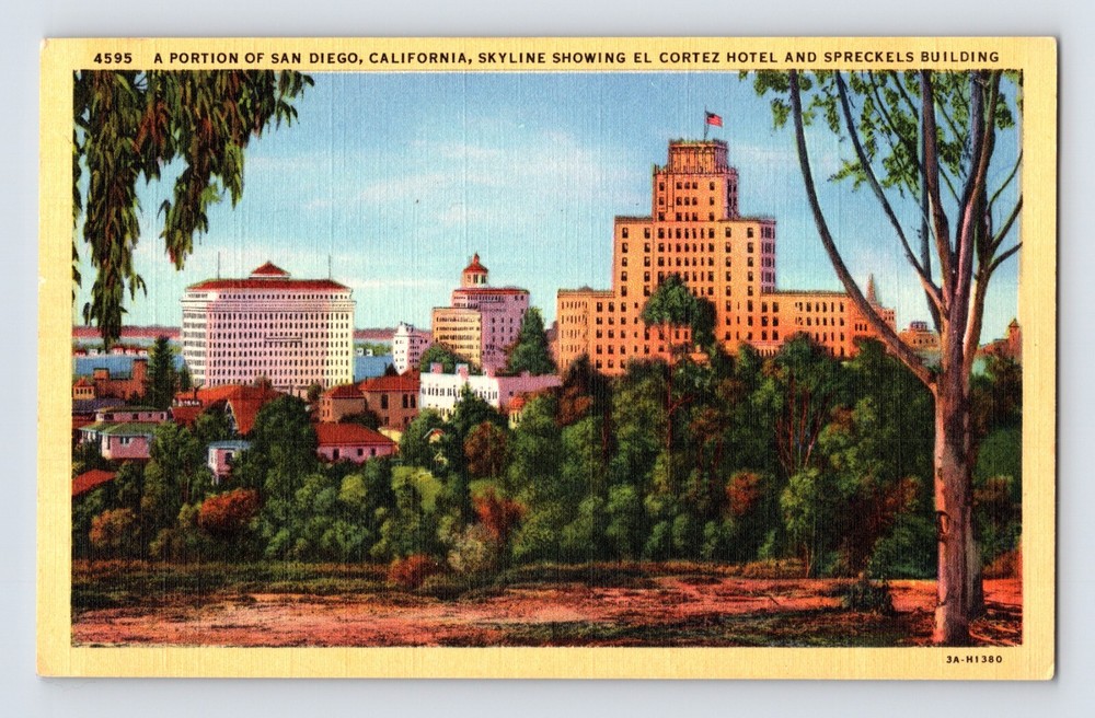 Postcard California San Diego CA El Cortez Hotel Spreckels Building 1940s Linen
