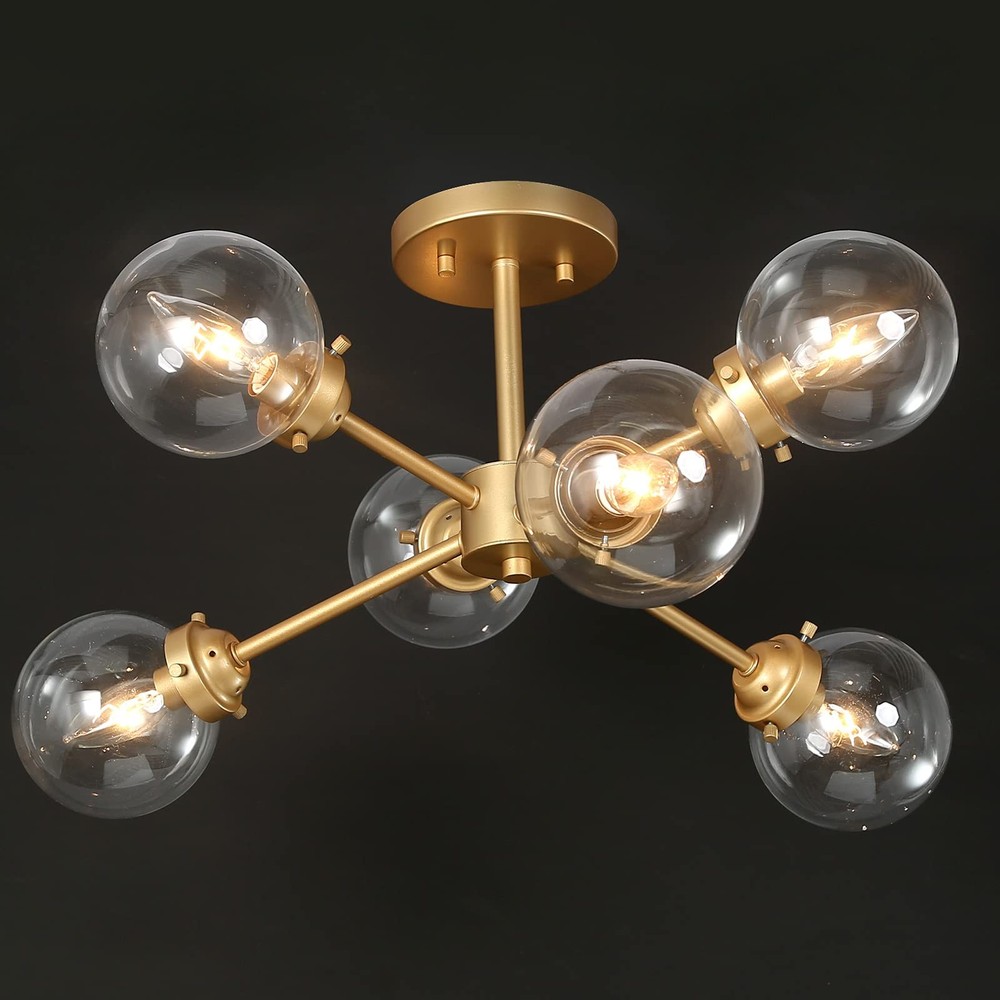 Gold Sputnik Chandelier Globe Semi Flush Mount Ceiling Light 6-Light Modern Design