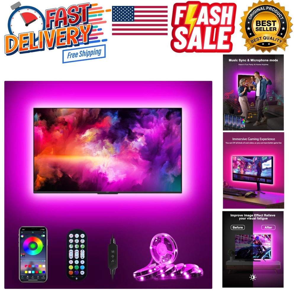 Dynamic 9.8ft RGB LED Strip for 32''-60'' TVs with Music Sync and Remote Control