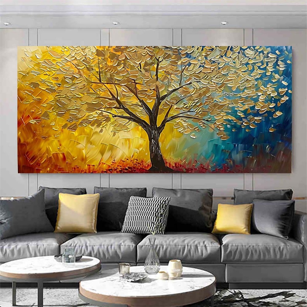 Modern Abstract Painting Golden Tree 3D Oil Painting Blue Hand Painted On Canvas