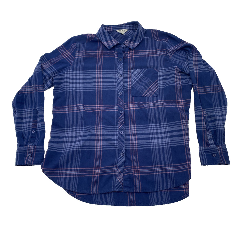 ORVIS Women's Plaid Flannel Button Down Shirt Blue Pink Cotton Blend Size Large
