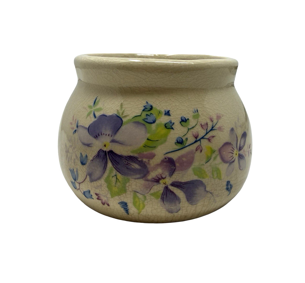 Vintage Floral Pottery Cache Pot Planter Purple Pansy Cottagecore Vase Bowl