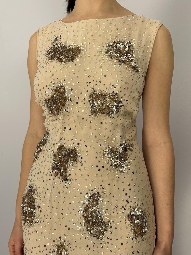 Badgley Mischka Silk Cream Mini Dress With Rose Gold Sequins Size 10