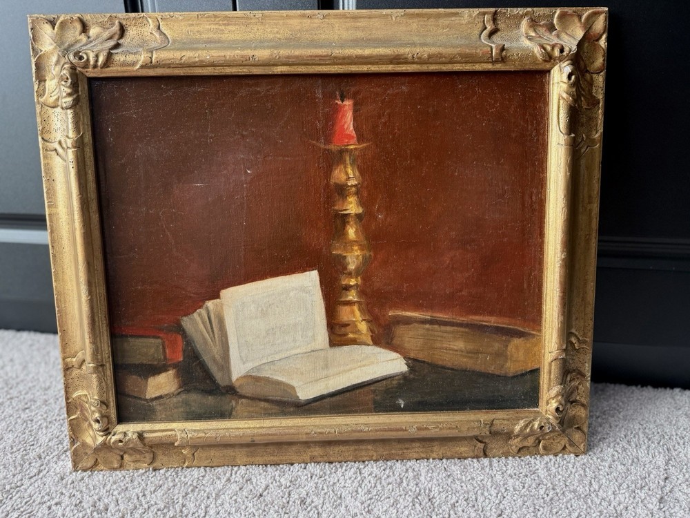 Antique Still Life Oil Painting Books & Candle, Gilt Frame, c. 19th Century
