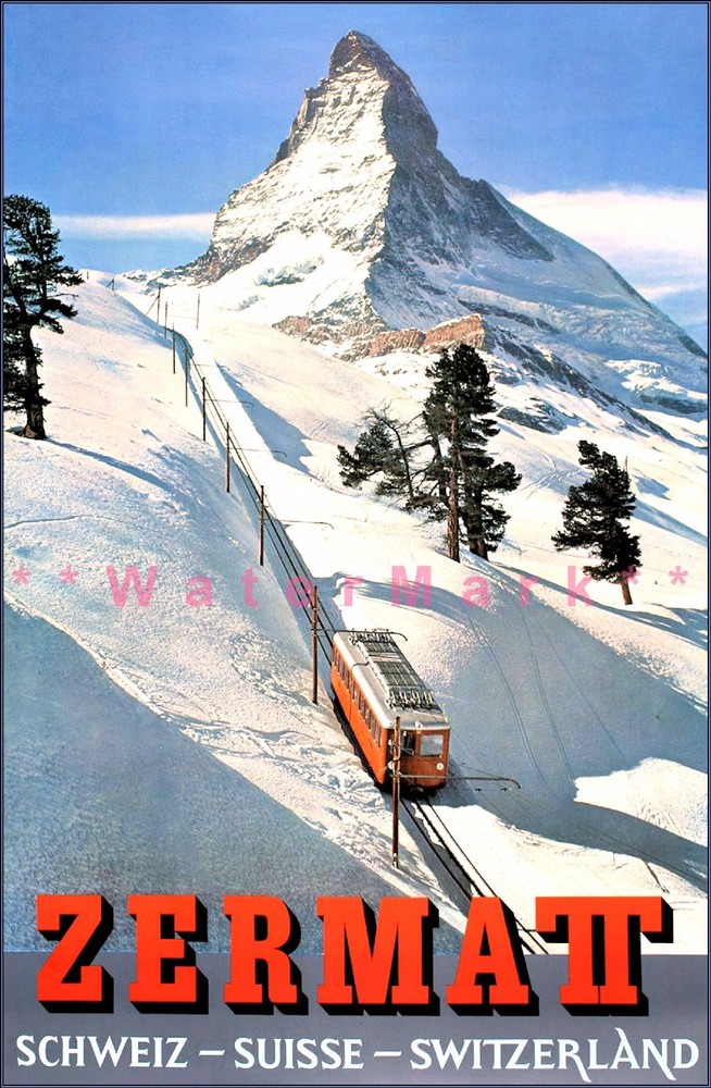 Zermatt Switzerland 1935 Vintage Poster Print Winter Travel Ski Resort Mountains