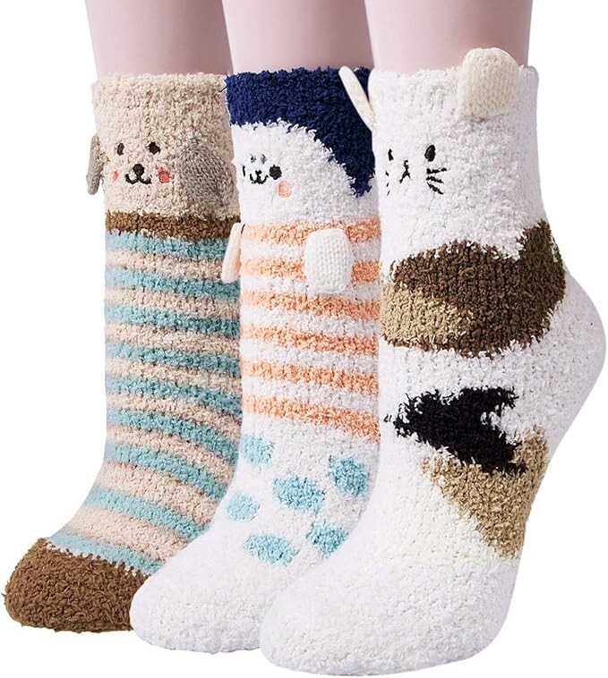 3 Pairs Womens Fuzzy Socks Winter Warm Fluffy Soft Slipper Home Sleeping Cute An