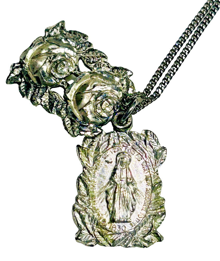 Vtg Sterling Sliding Roses Mary Pendant Necklace Italy Religious Medal Catholic