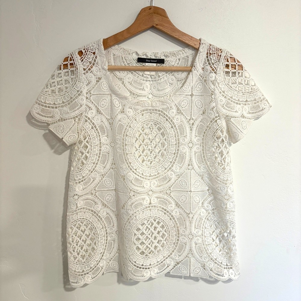 Y2K White Lace Sheer Top Women Size S Fairy Boho Balletcore Cottagecore Coquette